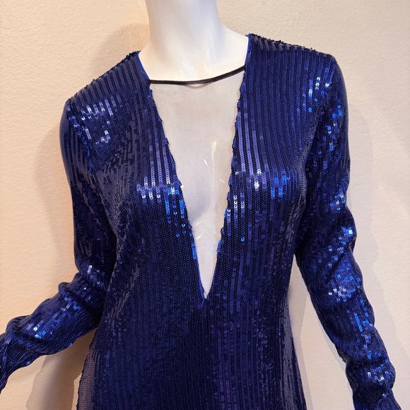 Bebe Blue Sequin Longsleeve Deep Plunge Sheer Panel Dress - Picture 3 of 12
